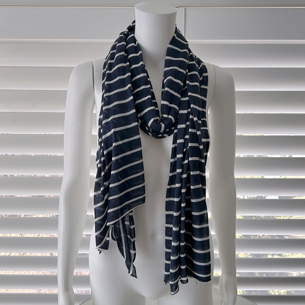 Women’s Navy Blue & White Nautical Stripe T-Shirt Fabric Neck Scarf, Raw Edge